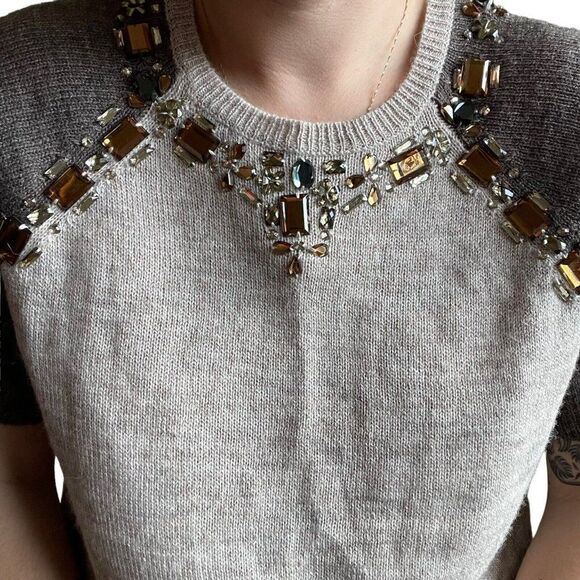 NWOT J Crew Womens Alpaca Wool Blend Crew Jewel Embroidered Short Sleeve Sweater - Picture 2 of 10